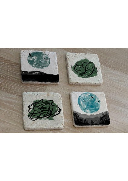 Soyut Tasarım ve Manzara Doğal Taş Bardak Altlığı 4'lü Set - Natural Stone Coasters