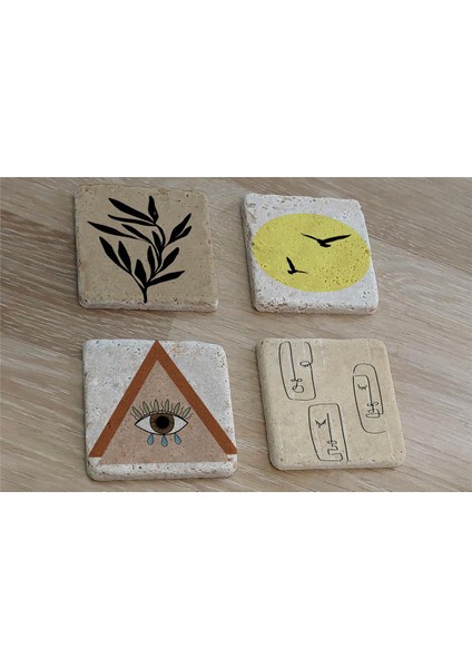 Line Art Surat Kuşlar ve Tasarımlar Doğal Taş Bardak Altlığı 4'lü Set - Natural Stone Coasters