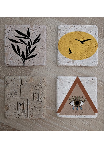 Line Art Surat Kuşlar ve Tasarımlar Doğal Taş Bardak Altlığı 4'lü Set - Natural Stone Coasters fiyatları