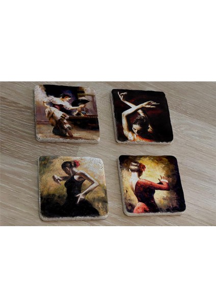 Ispanyol Dansçı Kadınlar Doğal Taş Bardak Altlığı 4'lü Set - Natural Stone Coasters