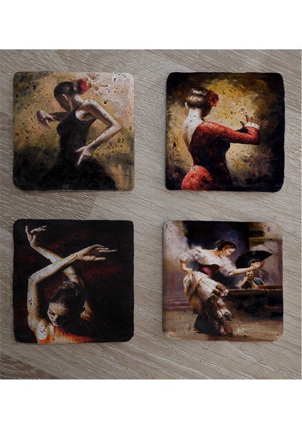 Ispanyol Dansçı Kadınlar Doğal Taş Bardak Altlığı 4'lü Set - Natural Stone Coasters fiyatları