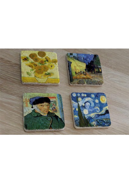 Van Gogh Yıldızlı Gece ve Eserleri Doğal Taş Bardak Altlığı 4'lü Set - Natural Stone Coasters