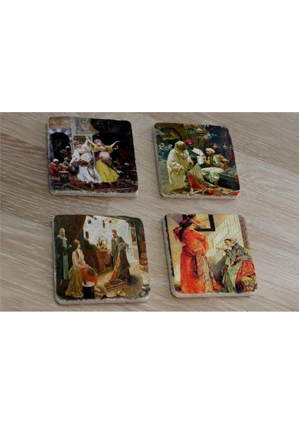 Oryantal Harem Halı Satıcısı Ev Tüccarlar Doğal Taş Bardak Altlığı 4'lü Set - Natural Stone Coasters