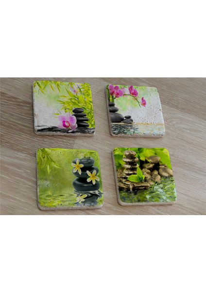 Spa Taşları ve Orkide Doğal Taş Bardak Altlığı 4'lü Set - Natural Stone Coasters