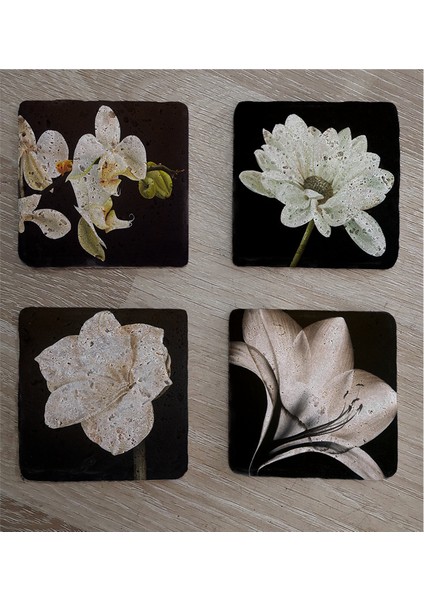 Siyah Zemin Orkide Gerbera ve Çiçekler Doğal Taş Bardak Altlığı 4'lü Set - Natural Stone Coasters fiyatları