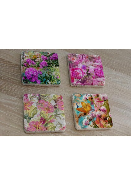 Kelebekli Çiçekler Doğal Taş Bardak Altlığı 4'lü Set - Natural Stone Coasters