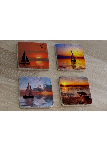 Gün Batımında Yelkenliler Doğal Taş Bardak Altlığı 4'lü Set - Natural Stone Coasters