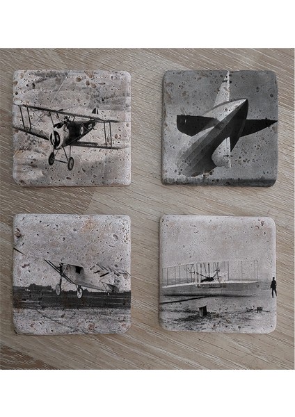 Siyah Beyaz Zeplin ve Eski Uçaklar Doğal Taş Bardak Altlığı 4'lü Set - Natural Stone Coasters fiyatları