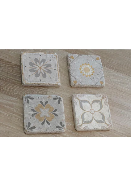 Çiçekli Desenler Doğal Taş Bardak Altlığı 4'lü Set - Natural Stone Coasters