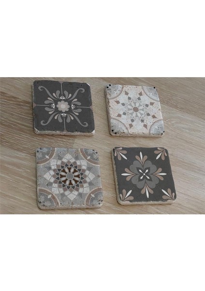 Çiçekli Desenler Doğal Taş Bardak Altlığı 4'lü Set - Natural Stone Coasters