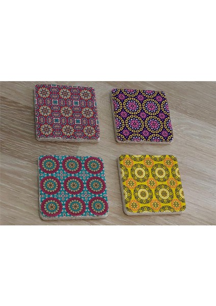 Mandala Desenleri Doğal Taş Bardak Altlığı 4'lü Set - Natural Stone Coasters