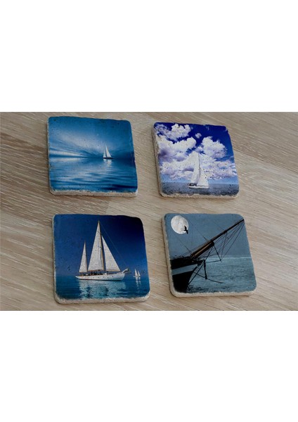 Deniz ve Yelkenliler Doğal Taş Bardak Altlığı 4'lü Set - Natural Stone Coasters