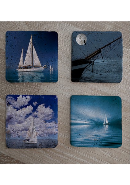 Deniz ve Yelkenliler Doğal Taş Bardak Altlığı 4'lü Set - Natural Stone Coasters fiyatları