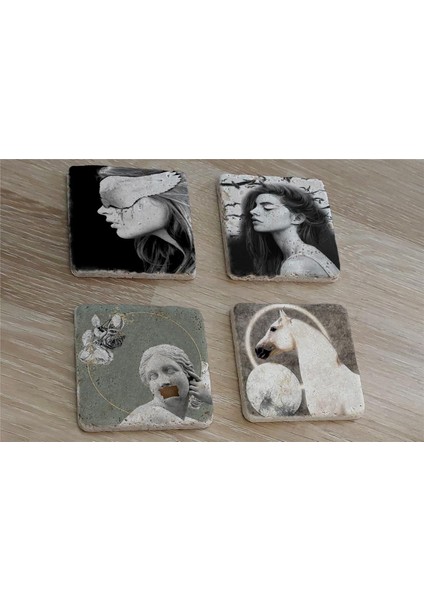 Tasarım Heykel At ve Kadın Portreler Doğal Taş Bardak Altlığı 4'lü Set - Natural Stone Coasters