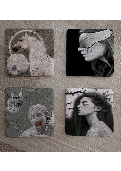 Tasarım Heykel At ve Kadın Portreler Doğal Taş Bardak Altlığı 4'lü Set - Natural Stone Coasters fiyatları