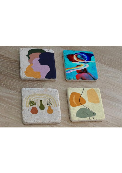 Tasarım Figür Line Art ve Objeler Doğal Taş Bardak Altlığı 4'lü Set - Natural Stone Coasters
