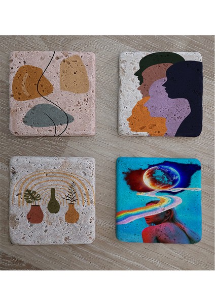 Tasarım Figür Line Art ve Objeler Doğal Taş Bardak Altlığı 4'lü Set - Natural Stone Coasters fiyatları
