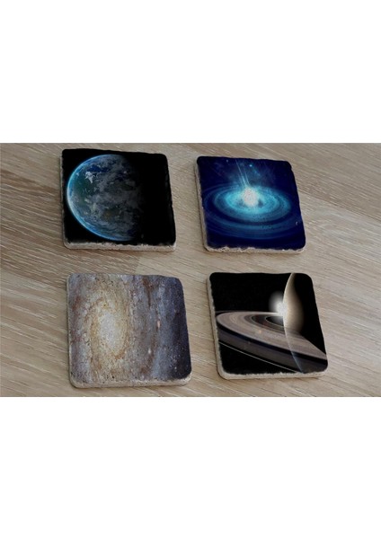 Galaksi ve Uzay Manzaraları Doğal Taş Bardak Altlığı 4'lü Set - Natural Stone Coasters