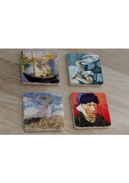 Van Gogh Claude Monet ve Saksafon Çalan Adam Doğal Taş Bardak Altlığı 4'lü Set - Natural Stone Coasters