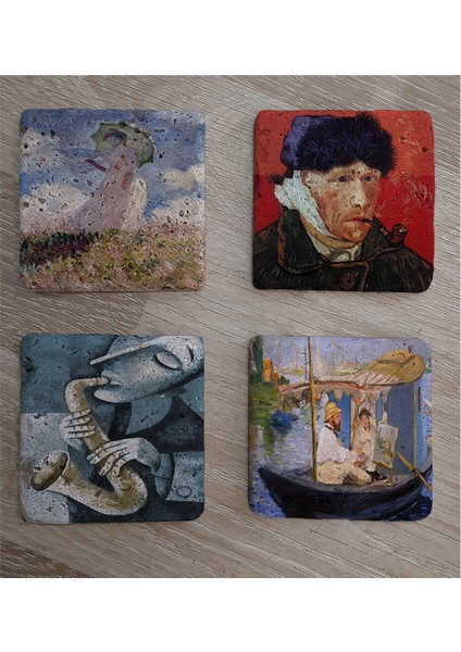 Van Gogh Claude Monet ve Saksafon Çalan Adam Doğal Taş Bardak Altlığı 4'lü Set - Natural Stone Coasters