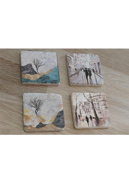Modern Şehir ve Manzaralar Doğal Taş Bardak Altlığı 4'lü Set - Natural Stone Coasters