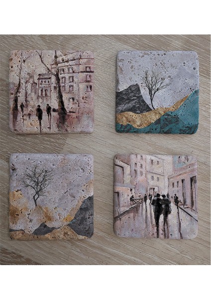 Modern Şehir ve Manzaralar Doğal Taş Bardak Altlığı 4'lü Set - Natural Stone Coasters fiyatları