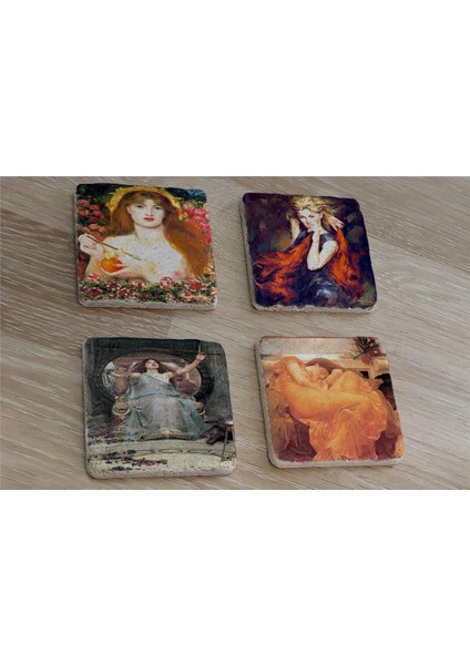 Rossetti Leighton Waterhouse Kadınları Doğal Taş Bardak Altlığı 4'lü Set - Natural Stone Coasters