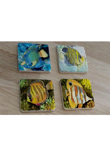 Renkli Balıklar Doğal Taş Bardak Altlığı 4'lü Set - Natural Stone Coasters