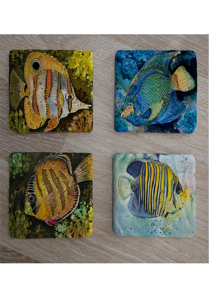 Renkli Balıklar Doğal Taş Bardak Altlığı 4'lü Set - Natural Stone Coasters fiyatları