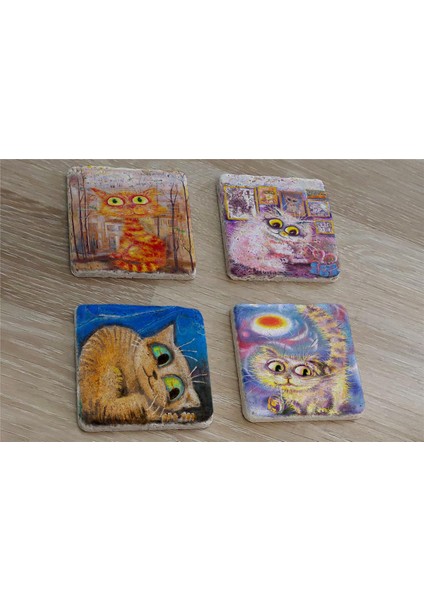 Renkli Kediler Doğal Taş Bardak Altlığı 4'lü Set - Natural Stone Coasters