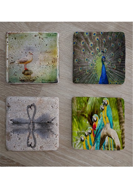 Martı Tavuskuşu Papağanlar Kuğular Doğal Taş Bardak Altlığı 4'lü Set - Natural Stone Coasters fiyatları