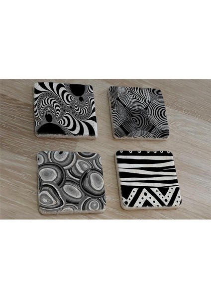 Siyah Beyaz Geometrik Desenler Doğal Taş Bardak Altlığı 4'lü Set - Natural Stone Coasters