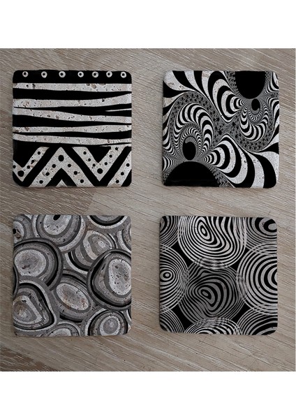 Siyah Beyaz Geometrik Desenler Doğal Taş Bardak Altlığı 4'lü Set - Natural Stone Coasters fiyatları