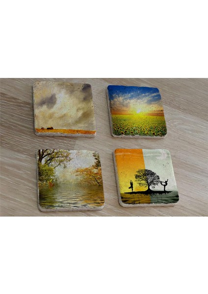 Yoga Denge ve Gün Btımı Manzaralar Doğal Taş Bardak Altlığı 4'lü Set - Natural Stone Coasters