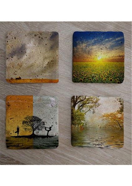 Yoga Denge ve Gün Btımı Manzaralar Doğal Taş Bardak Altlığı 4'lü Set - Natural Stone Coasters fiyatları