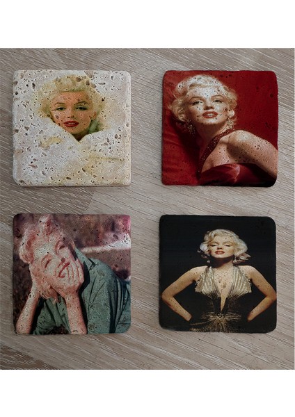 Marilyn Monroe Fotoğrafları Doğal Taş Bardak Altlığı 4'lü Set - Natural Stone Coasters