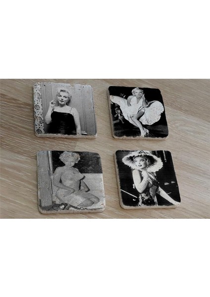 Siyah Beyaz Marilyn Monroe Fotoğrafları Doğal Taş Bardak Altlığı 4'lü Set - Natural Stone Coasters