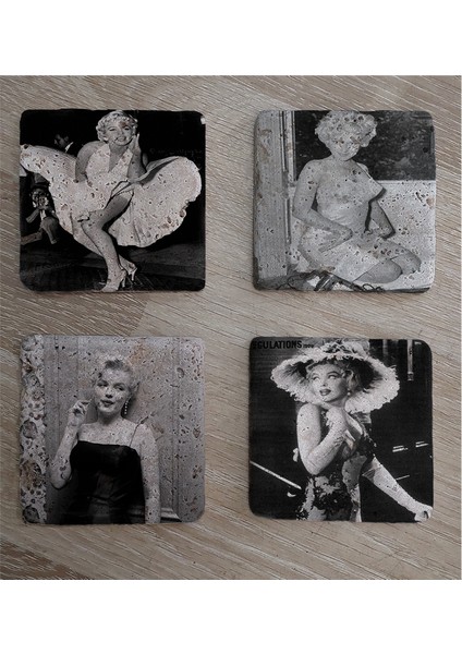 Siyah Beyaz Marilyn Monroe Fotoğrafları Doğal Taş Bardak Altlığı 4'lü Set - Natural Stone Coasters fiyatları