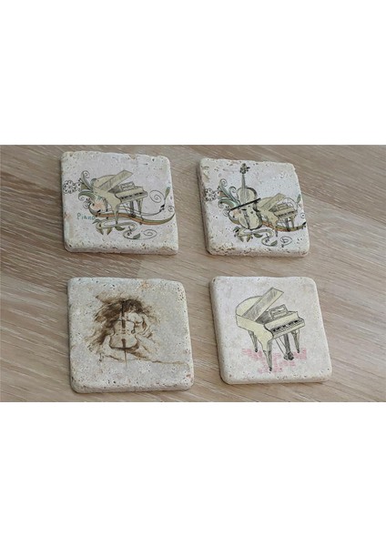 Müzik Aletleri Doğal Taş Bardak Altlığı 4'lü Set - Natural Stone Coasters