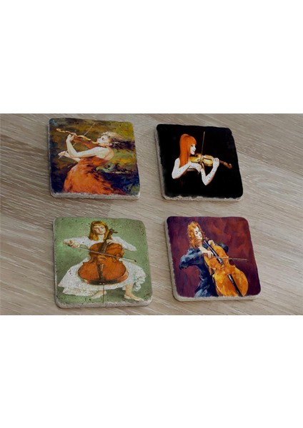 Keman ve Violonsel Çalan Kızlar Doğal Taş Bardak Altlığı 4'lü Set - Natural Stone Coasters