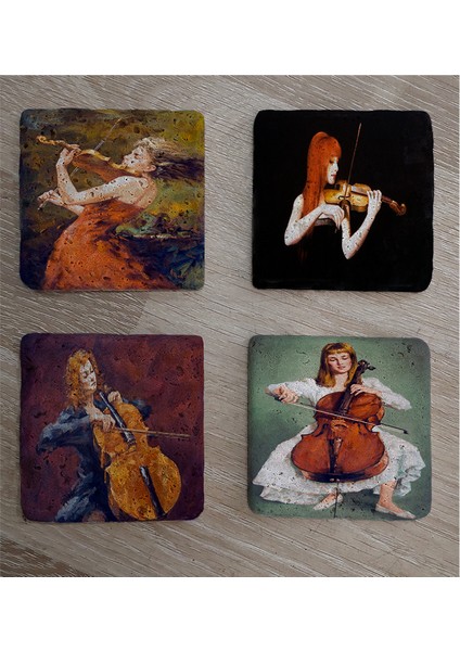 Keman ve Violonsel Çalan Kızlar Doğal Taş Bardak Altlığı 4'lü Set - Natural Stone Coasters fiyatları