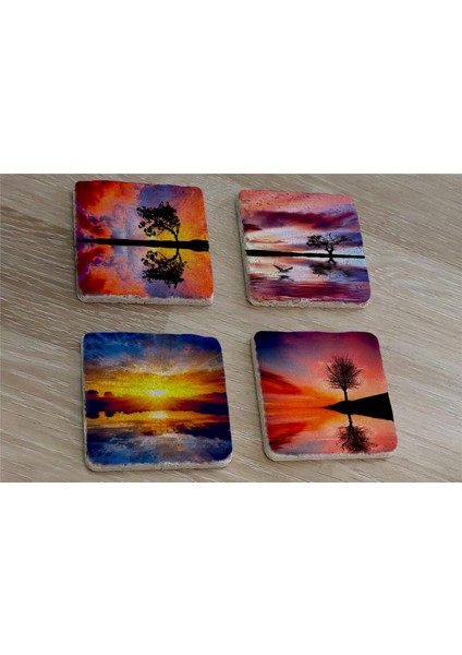 Gün Batımı Tek Ağaçlar Doğal Taş Bardak Altlığı 4'lü Set - Natural Stone Coasters