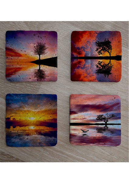 Gün Batımı Tek Ağaçlar Doğal Taş Bardak Altlığı 4'lü Set - Natural Stone Coasters fiyatları