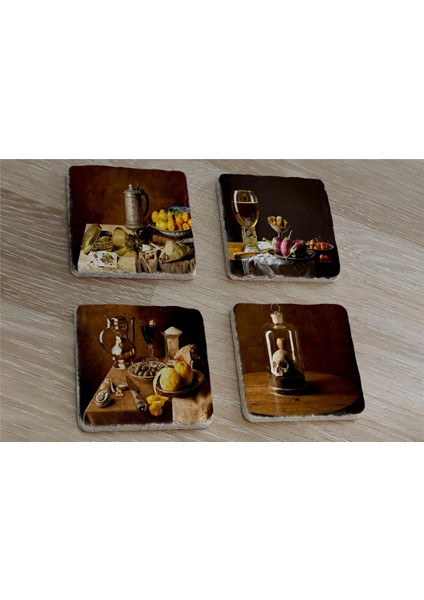 Eski Objeler Natürmort Doğal Taş Bardak Altlığı 4'lü Set - Natural Stone Coasters