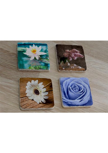 Mavi Gül ve Çiçekler Doğal Taş Bardak Altlığı 4'lü Set - Natural Stone Coasters