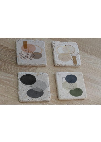 Line Art Soyut Tasarımlar Doğal Taş Bardak Altlığı 4'lü Set - Natural Stone Coasters
