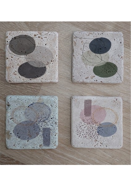 Line Art Soyut Tasarımlar Doğal Taş Bardak Altlığı 4'lü Set - Natural Stone Coasters fiyatları