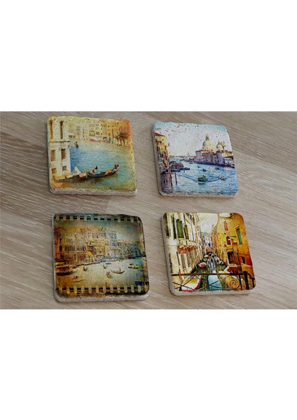 Venedik Manzaraları Doğal Taş Bardak Altlığı 4'lü Set - Natural Stone Coasters