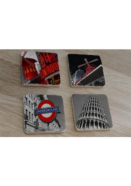 Moulin Rouge Pisa Kulesi ve Londra Metro Girişi Doğal Taş Bardak Altlığı 4'lü Set - Natural Stone Coasters