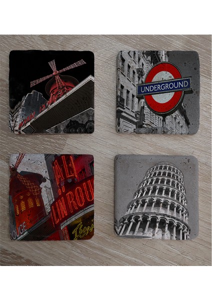 Moulin Rouge Pisa Kulesi ve Londra Metro Girişi Doğal Taş Bardak Altlığı 4'lü Set - Natural Stone Coasters fiyatları